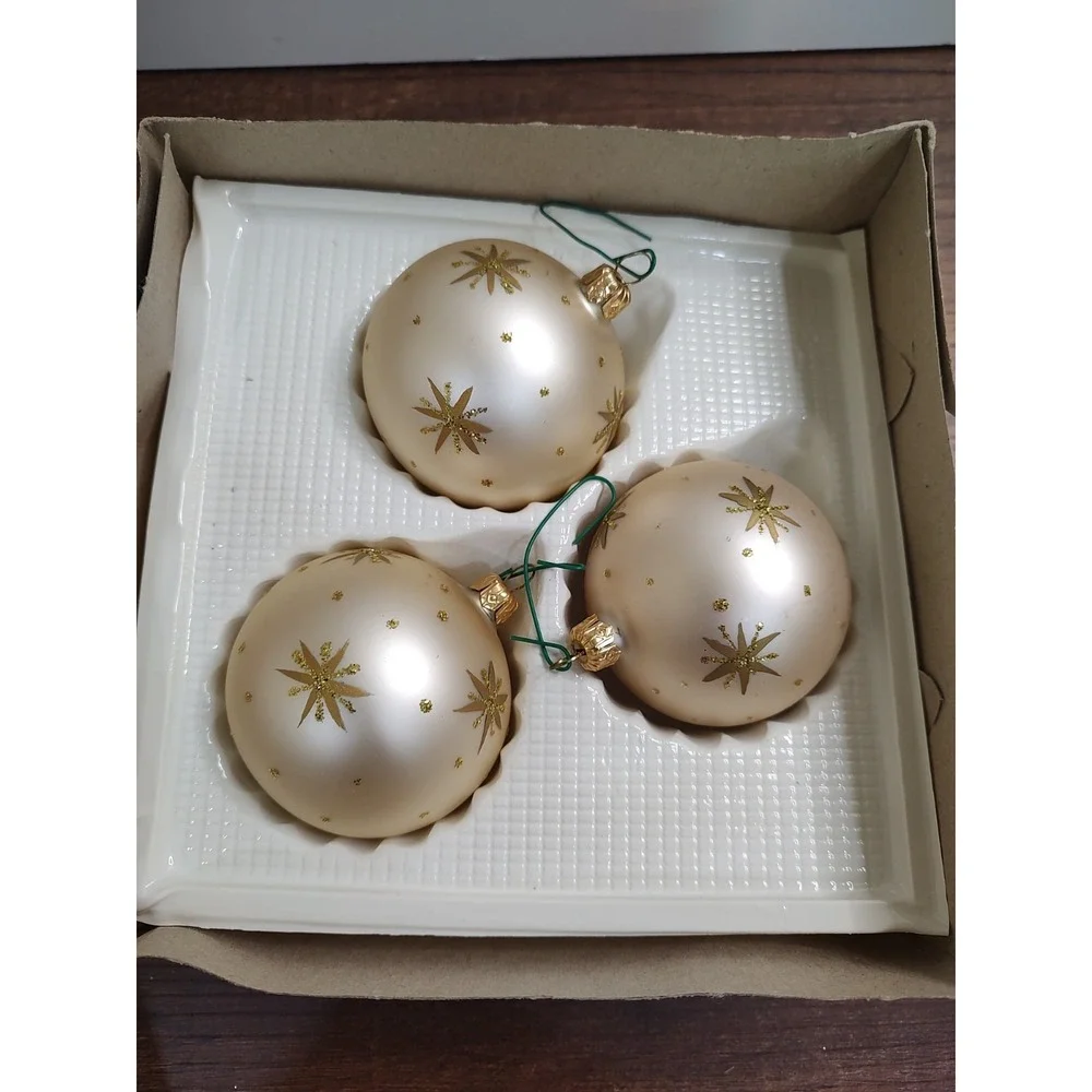 Vtg Kerstglas CHRISTMAS Box GLASS ORNAMENTs Champagne Gold Glitter Star 3 Ct